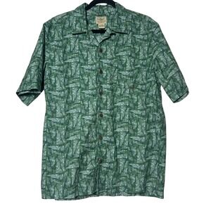 LL Bean Men Traditional Fit Short Sleeve Button‎ Down Shirt Green Abstract Print